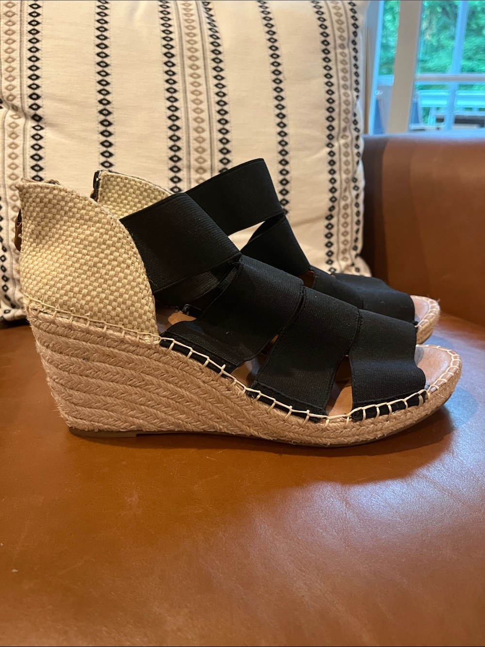 gentle souls Black Elastic Espadrille Wedge Sandals